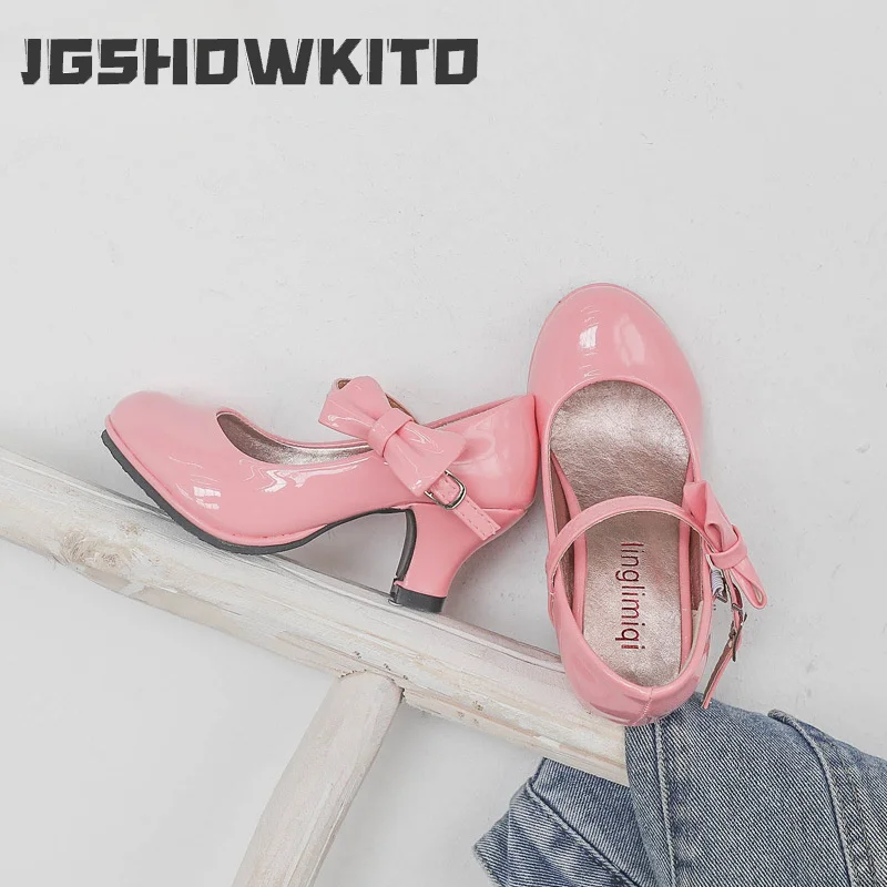 JGSHOWKITO Girls Princess Leather Shoes Fashion Kids Sweet Bow Dress Shoes for Ballet Spring Autumn Children High Heels Causal