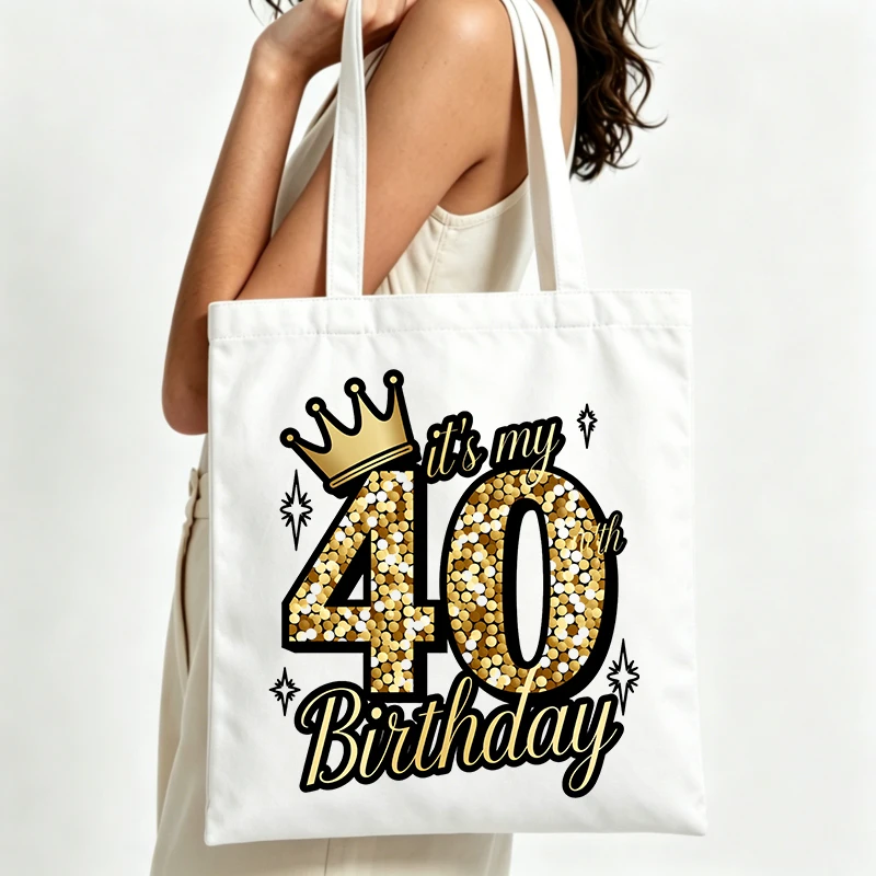 40th birthday graphic canvas tote bag with crown design, ideal for birthday celebration and casual outings