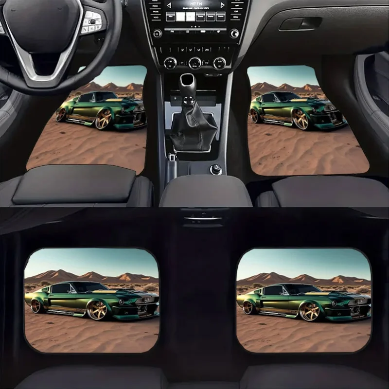 4pcs Luxury Green Car Floor Mat Set | Desert Adventure Style, Velvet Anti-Slip And Wear-Resistant, Perfectly Decorates Interior