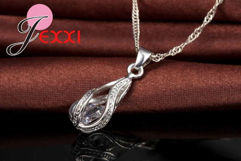 925 Sterling Silver Needle Classic Drop Shape White Crystal Jewelry Sets Water Wave Necklace Pendant Hoop Earrings