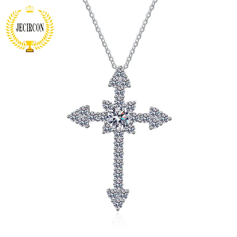 

JECIRCON 925 Sterling Silver Moissanite Necklace for Women 0.5/1ct Sparkling Simitation Diamond Cross Pendant Neck Chain Jewelry