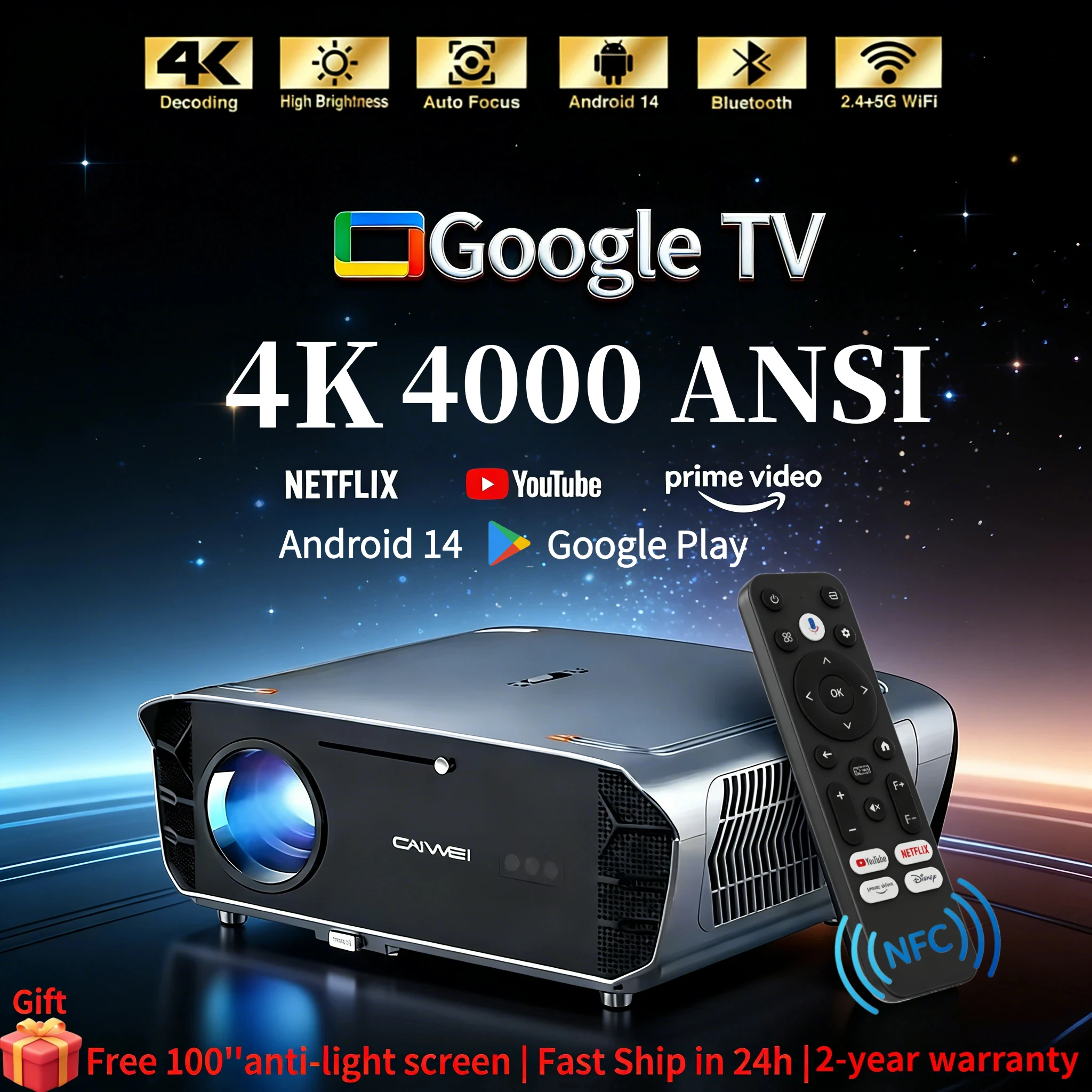 Proyector S7+ 4K Ultra HD para Películas y Vídeos, 4000 ANSI, Google TV, Cine en Casa, Android 14, Enfoque Automático, Smart TV, Proyectores de Haz, Uso Diurno