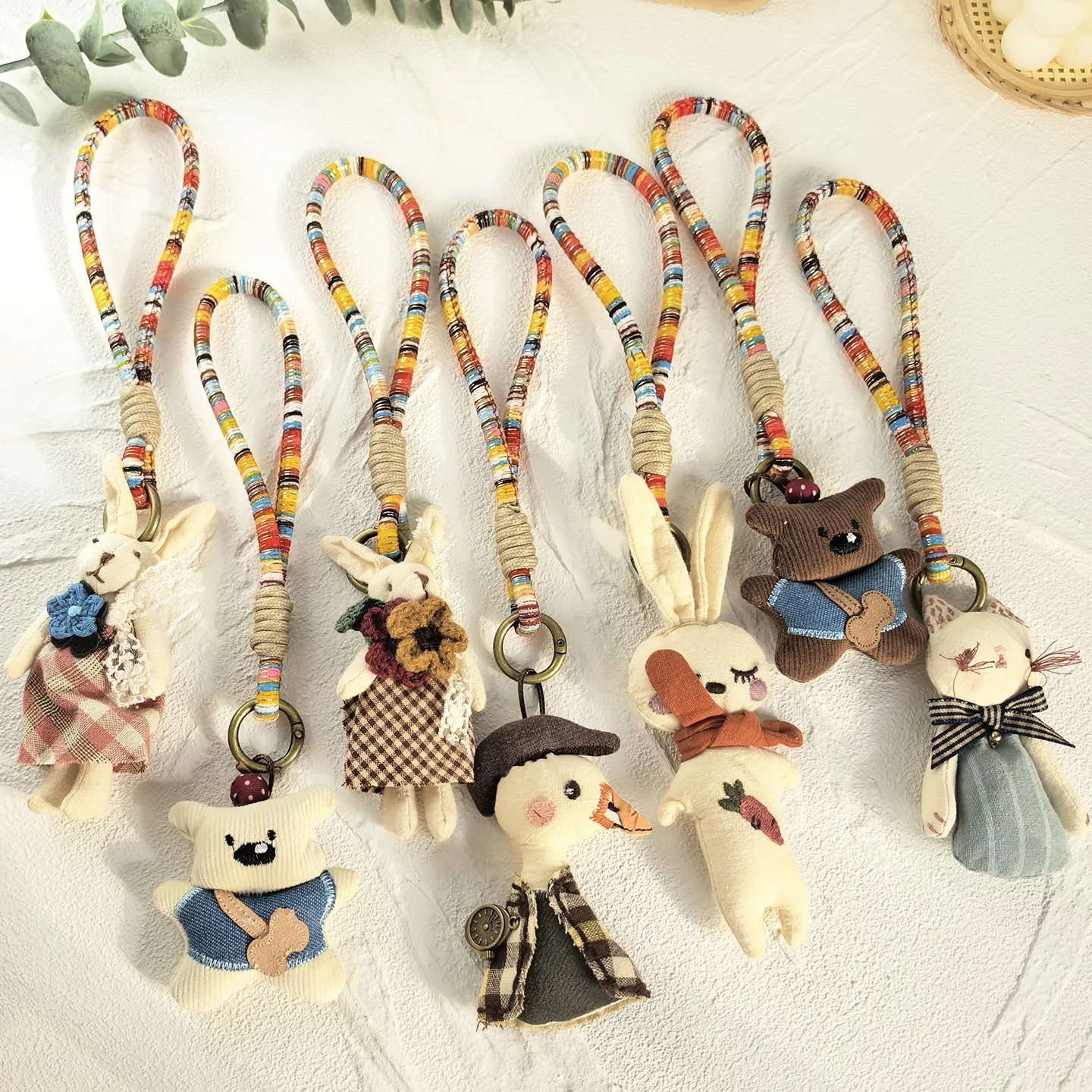 Korean Ins Handmade Fabric Cartoon Animal Keychains Cute Plush Doll Bag Charm Pendant for Women Girls