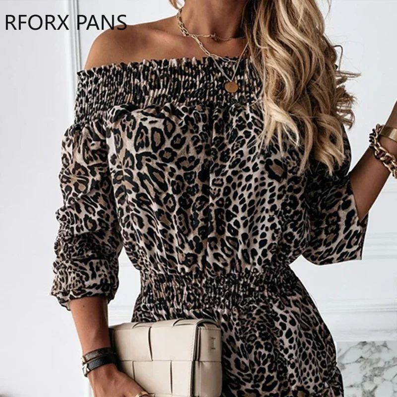 Women Cheetah Off Shoulder Pleated  Casual Dress Bodycon  Elegant Party Dress