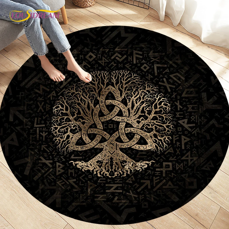 

Viking Valknut Yggdrasil Tree of Life Area Rug Round Carpets Rugs for Living Room Bedroom Foot Pad Decoration,Non-slip Floor Mat