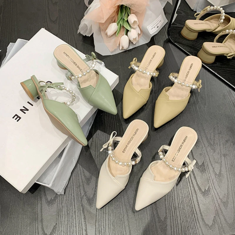 Fashion Baotou Half Slippers sandals Female Summer Outdoor Pearl Pointed Thick Heel High Heels Slippers Chaussure Femme