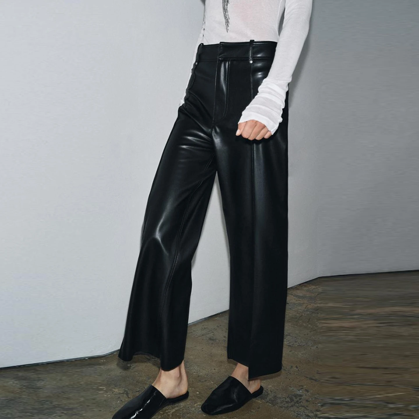 Z المرأة Cus تأثير الجلود السراويل فضفاضة Faionable شخصية عالية الخصر بنطال ذو قصة أرجل واسعة موسم الخريف #3