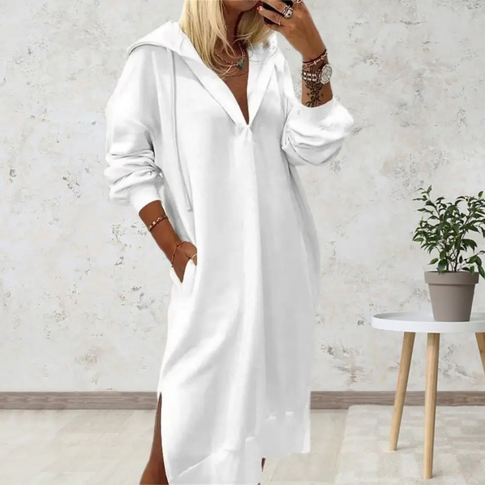 

Hem Slit Dress Cozy Hooded Knit Dress with Side Split Pockets for Women Fall Winter Midi Dress for Wear Women Casual with Hood