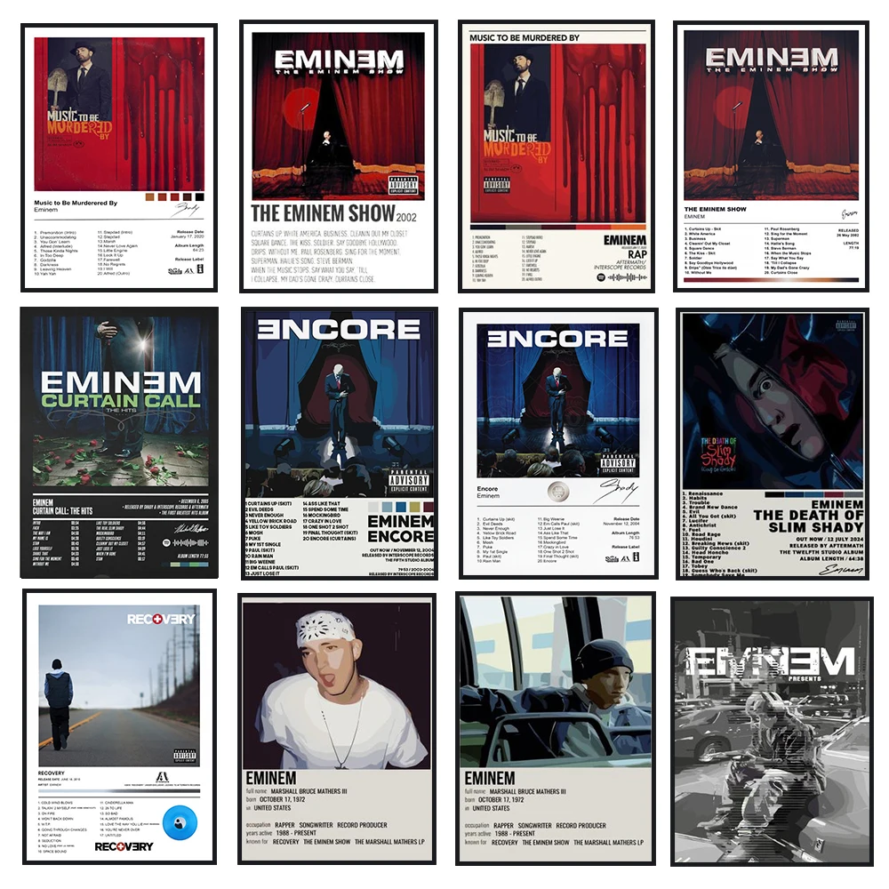 Eminem เพลงอัลบั้ม Pop Rap โปสเตอร์ Art, ผ้าใบความละเอียดสูงพิมพ์ภาพวาดผ้าใบ, ใช้สําหรับตกแต่งบ้าน, Frameless