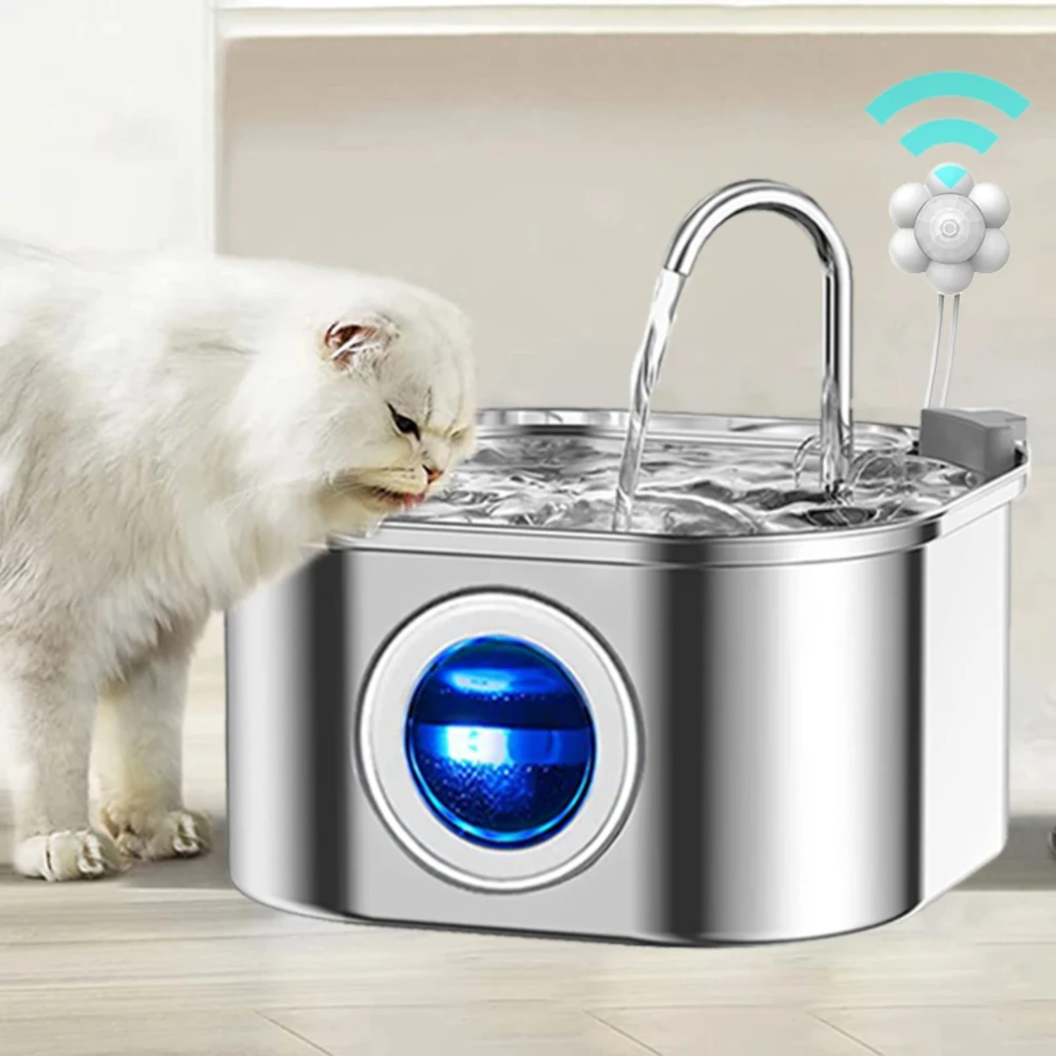 Efficient and Quiet Stainless Steel Filtered Cat Water Fountain with 3.2L/108oz Capacity - Features See-Through Sensor Window fo