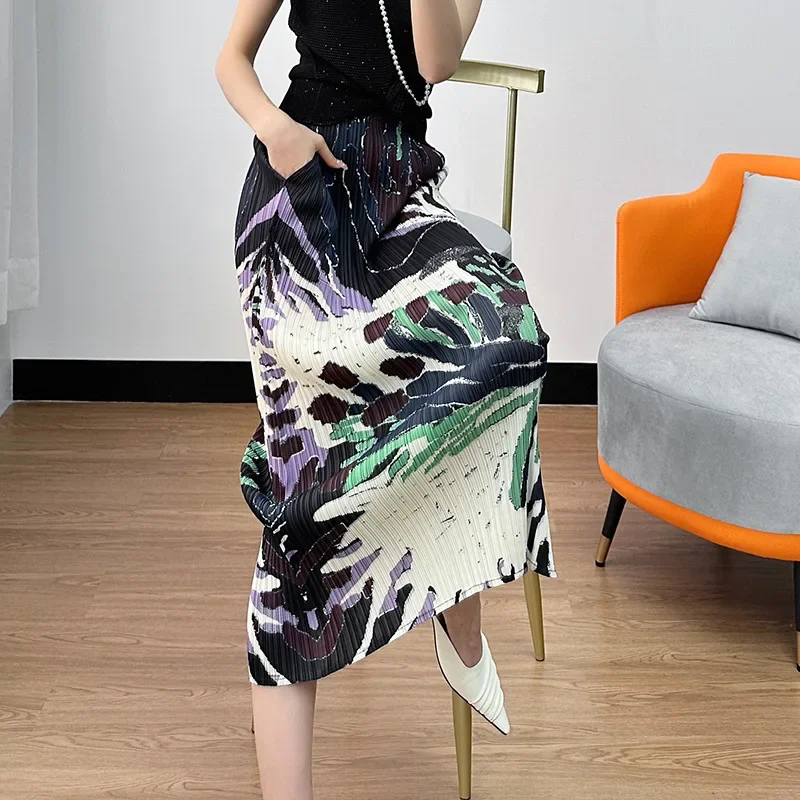 2024 Summer Fashion and Casual New Print Pleated Half Skirt Women\'s Split Straight A-line Half Skirt  pleated skirt