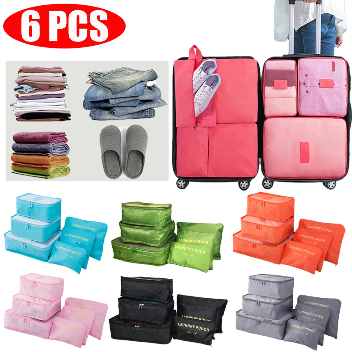 6PCS Travel Storage Bag Set Clothes Jeans Organizer Wardrobe Suitcase Pouch Portable Organizer Bag Shoes Makeup Packing Cube Bag