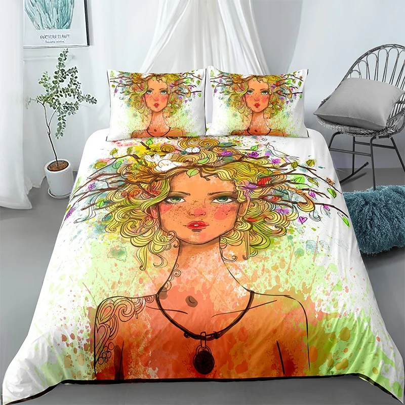 

Abstract Character 3D Colour Beautiful Girl Oil Painting Duvet Cover with Pillowcase King Size Psychedelic Quilt Cover for Girls