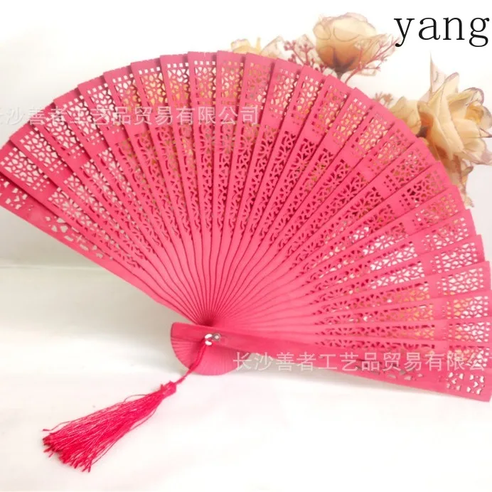 Yjq 3pcs colored fragrant wood fan bag fringed hollow carved wooden folding fan