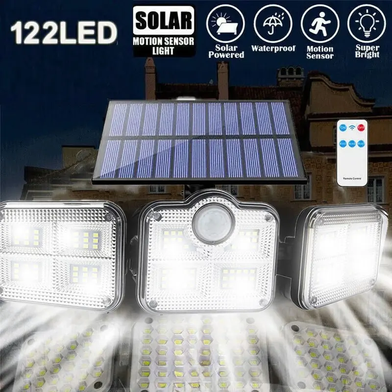 Lâmpada solar impermeável com controle remoto, lâmpada de segurança de inundação ao ar livre luz solar parede sconce holofotes para decoração do jardim