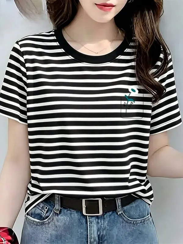 Summer 2026 Trendy Korean Striped Short Sleeve T-Shirt Loose Slimming Versatile plus Size Big Code Top for Mom Casual Wear
