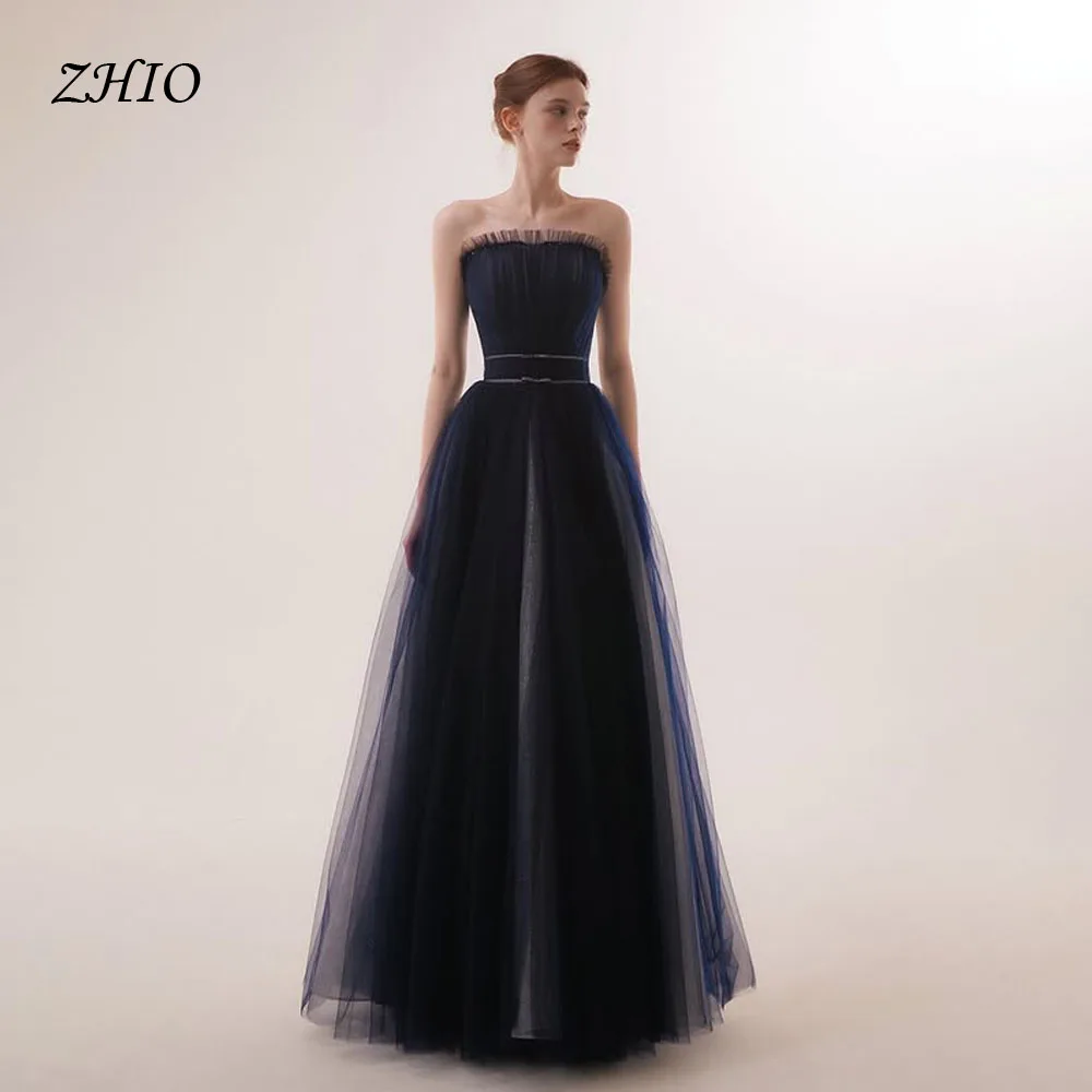 

ZHIO Shiny Navy Blue Evening Dress Strapless Necklace A-Line Korea Photo Shoot Formal Occasion Prom Gowns Custom Made