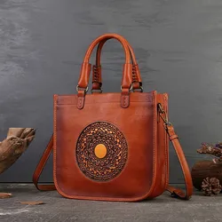 Johnature bolso de mujer de cuero genuino hecho a mano 2024 nuevo bolso versátil Retro Totem bolsos de hombro en relieve