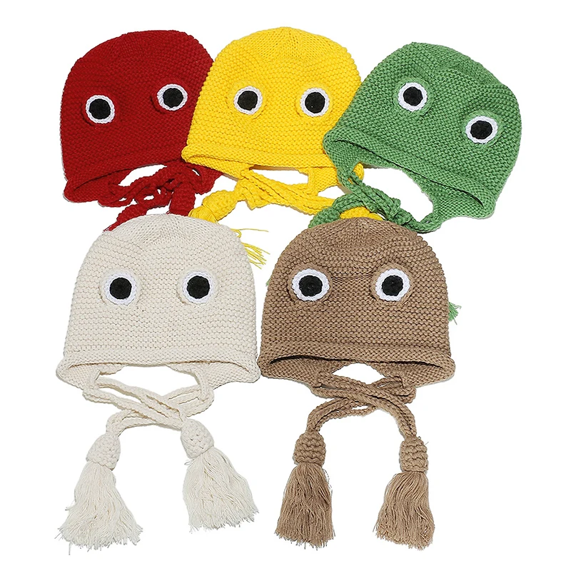 

Funny Cute Cartoon Big Eye Frog Hats Women Autumn Winter Street Leisure Warm Ear Protection Versatile Fringed Strap Beanies Caps