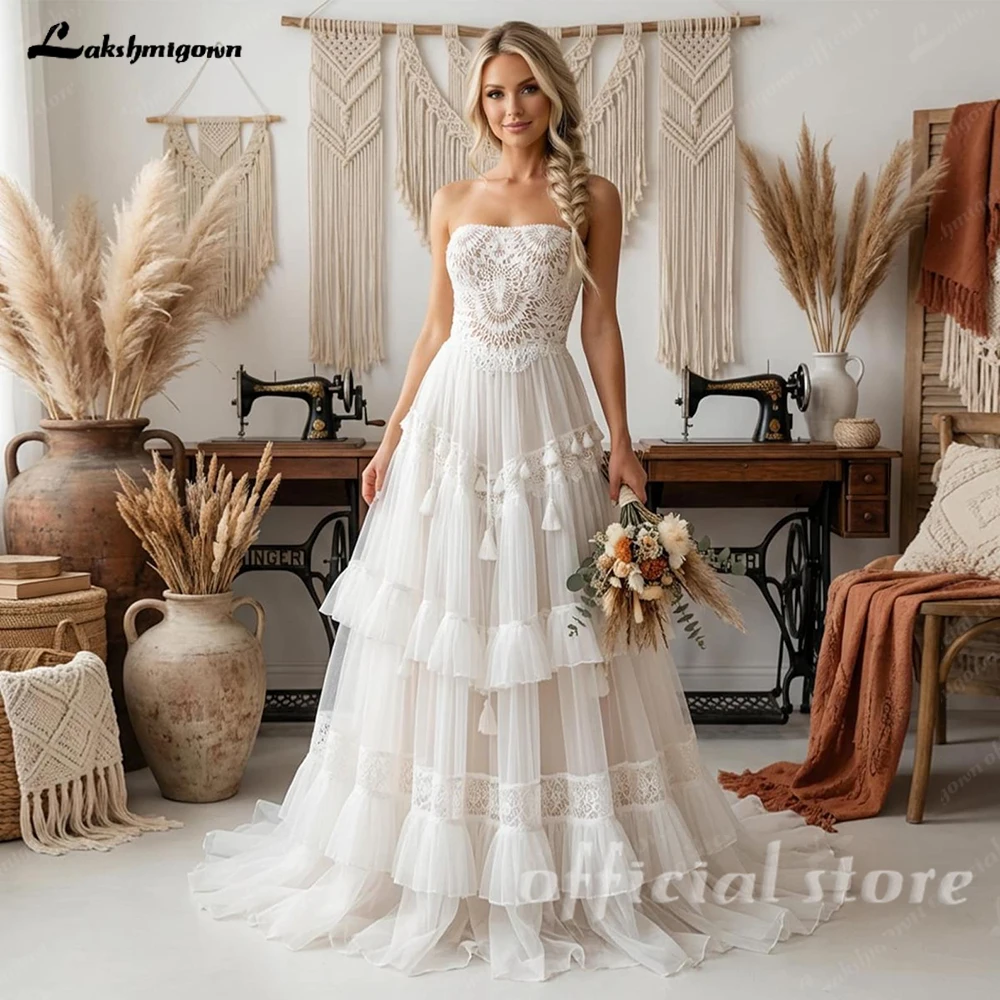 Lakshmigown Bohemisches Spitzen-Strandhochzeitskleid, trägerloses, sexy Boho-Brautkleid mit Quasten und Illusionseffekt, Vestido De Novia, maßgeschneidert – Detail 8
