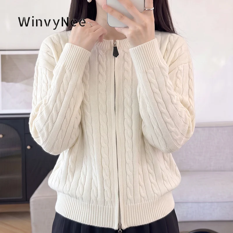 WinvyNee Women 100% Cotton Cable Knit Zipper Blouse Relaxed Silhouette Street Attire Chic Daily Outer Fashion Cardigans B1002090
