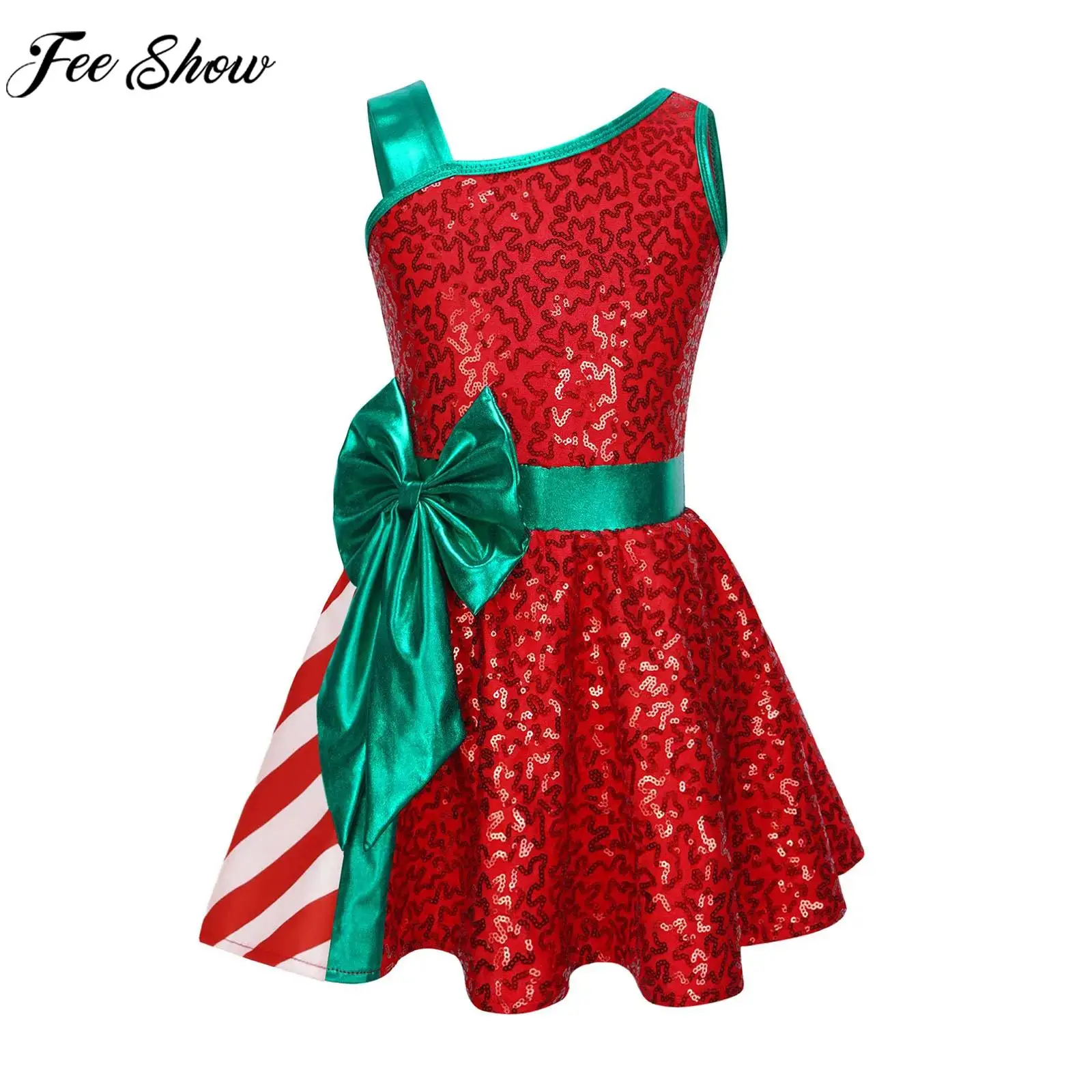 

Детское рождественское трико для балета и танцев, катания на коньках, гимнастическое платье для девочек, Рождественский костюм Санта-Эльфа, блестящие платья-пачки без рукавов с блестками