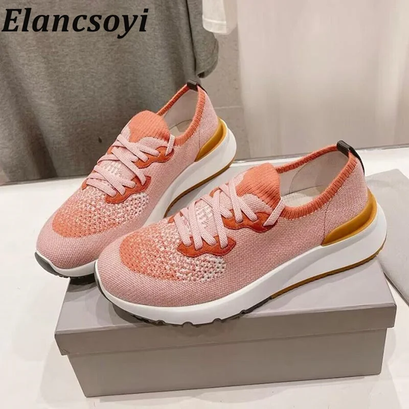 

Lace Up Mixed Color Flat Shoes Round Toe Ventilation knitting Tennis Shoes Four Seasons Outwear Casual Shoes Sneakers Unisex