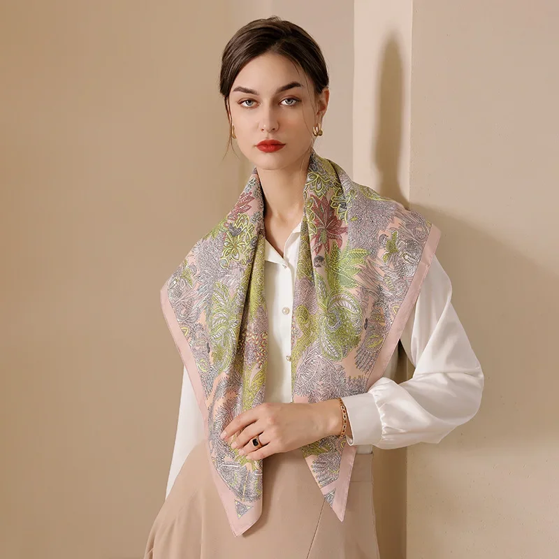 

90*90cm 2025 Summer New Floral Print Scarf French Retro Silk Neckerchief Women's Fashion Bandana