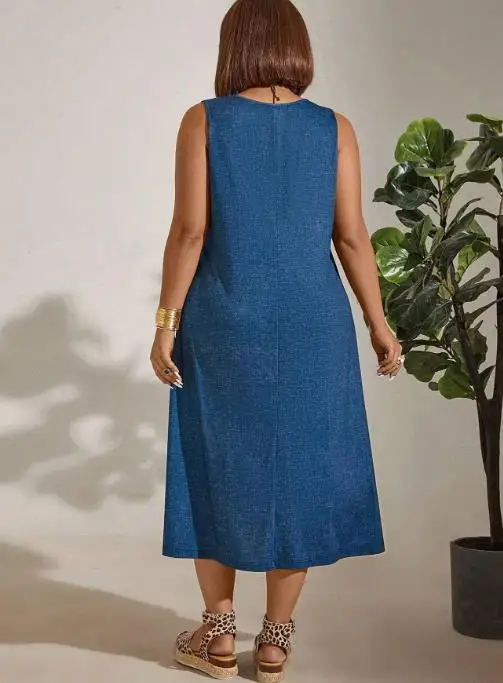 

2025 Summer Women, Elegant and Casual A-Line Loose Solid Color Dress Commuter Round Neck Solid Color Sleeveless Pocket Dress