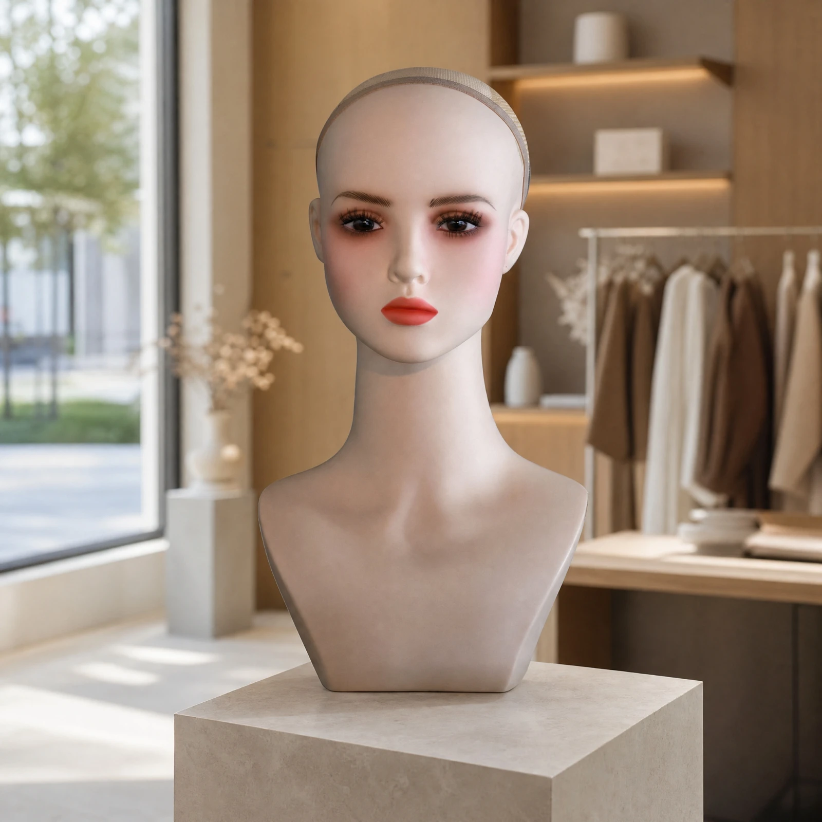 女性用マネキンヘッドとバスト。プロ仕様のpvc製で、スタイリングが容易。ブティック経営者の方に最適。