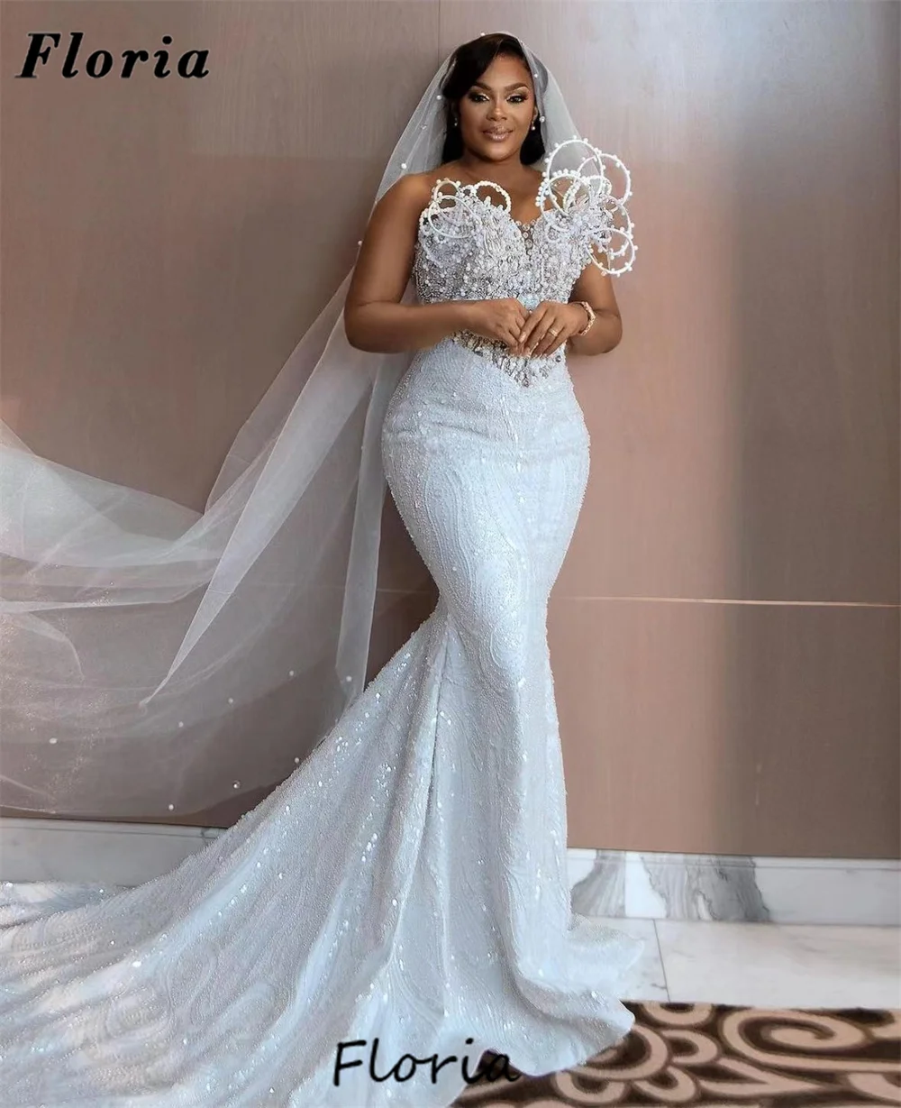 Elegant Mermaid Bride Evening Dresses Saudi Arabic Pearls Formal Bridal Gowns Custom Dubai Beaded Sequins Wedding Party Dresses