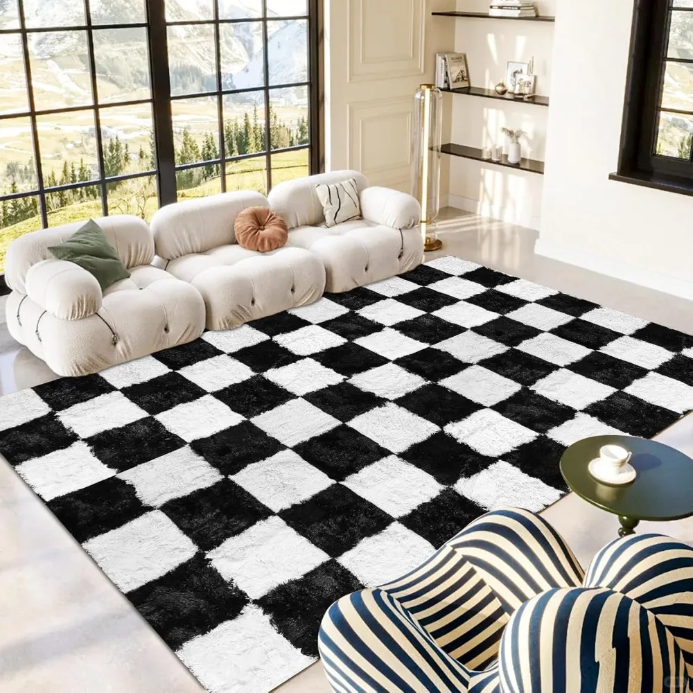 

Black And White Checkered Rug 12x15, Shag Area Rug For Living Room Or Bedroom, Fluffy Washable Indoor Non-slip Fuzzy Carpet, Mod