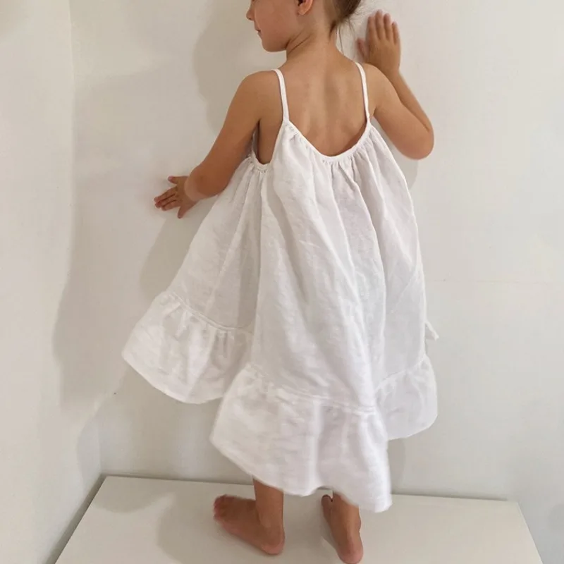 

Girl's Linen Sleeveless Straps Dress 2025 Summer New Cute Baby Girl Casual Loose Vacation Cotton Linen Dresses Kids Dress