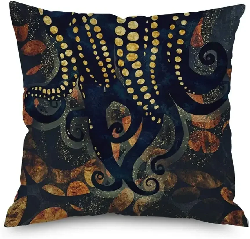 Marine Life Squid Octopus Marine Animal Cotton and Linen Decoration Pillow Cover Personalized Sofa Living Room Square