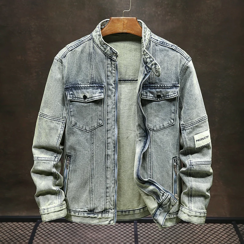 

Retro blue high-end retro worn looking washed-out denim clothing for men 2024 fashion street motorcycle slim-fit zipper jacket