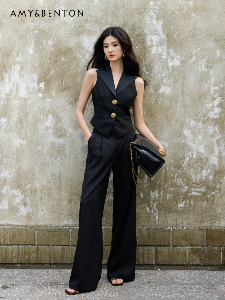 

High-End Socialite Temperament Cross Collar Slim Vest Wide Leg Pants Two-Piece Set Women Summer Commute Style Graceful Suit