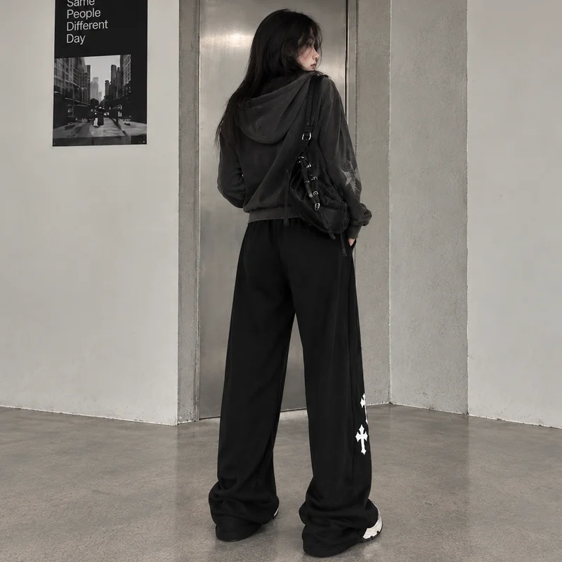 All Season Women Y2K Grunge Cross Letter Print Elastic Waist Straight Leg Loose Sweatpants Casual Streetwear