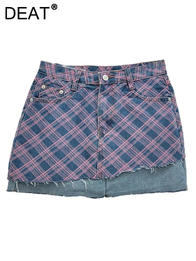 

DEAT Women's Denim Miniskirts High Waist Patchwork Asymmetric Burrs Fake 2 Pcs Plaid Short Skirt 2024 Summer New Fashion 33A1537