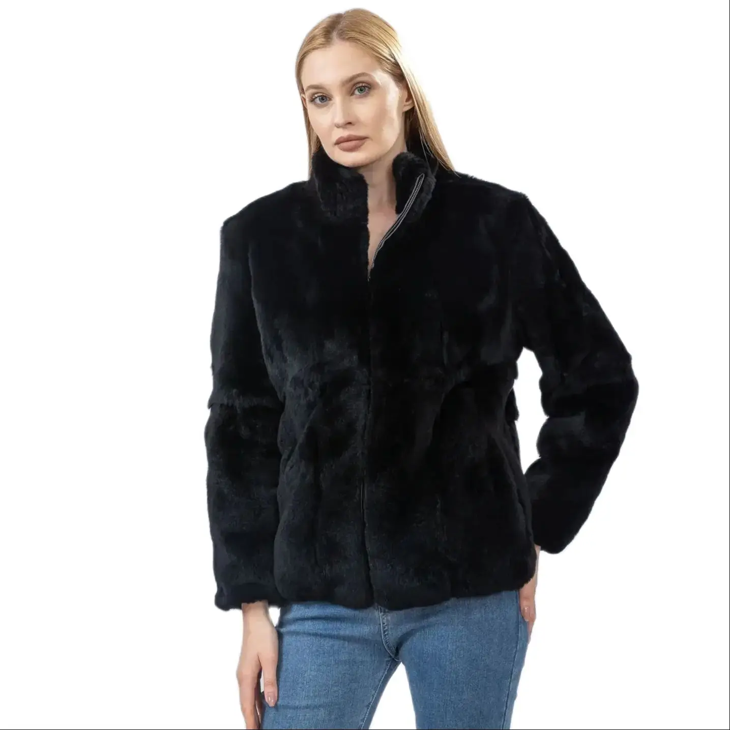 Chaqueta de piel completa de conejo Rex Natural para mujer, abrigo de invierno peludo, chaqueta cálida y esponjosa, Color negro, chaquetas clásicas, B230618