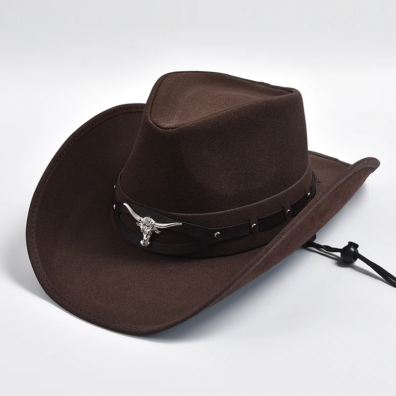 High Quality Leather Western Cowboy Hat Fashion Bull Head Decoration Gentleman Lady Cowgirl Jazz Caps Sombrero Hombre