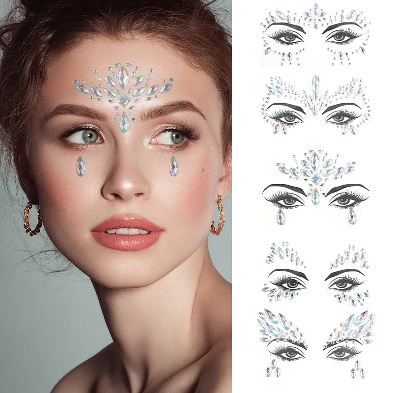 ملصقات وجه من الراتنج البيئي ملونة من حجر الراين، ملصقات ذاتية اللصق لامعة للجسم لحفلات المهرجانات، تبادل لاطلاق النار، سهلة الإزالة