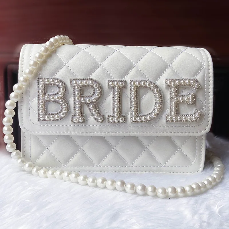 

BRIDE Rhinestone Pearl Chain Crossbody Bag White Satin Quilted Wedding Purse for Bridal Shower Bachelorette Wedding Anniversary