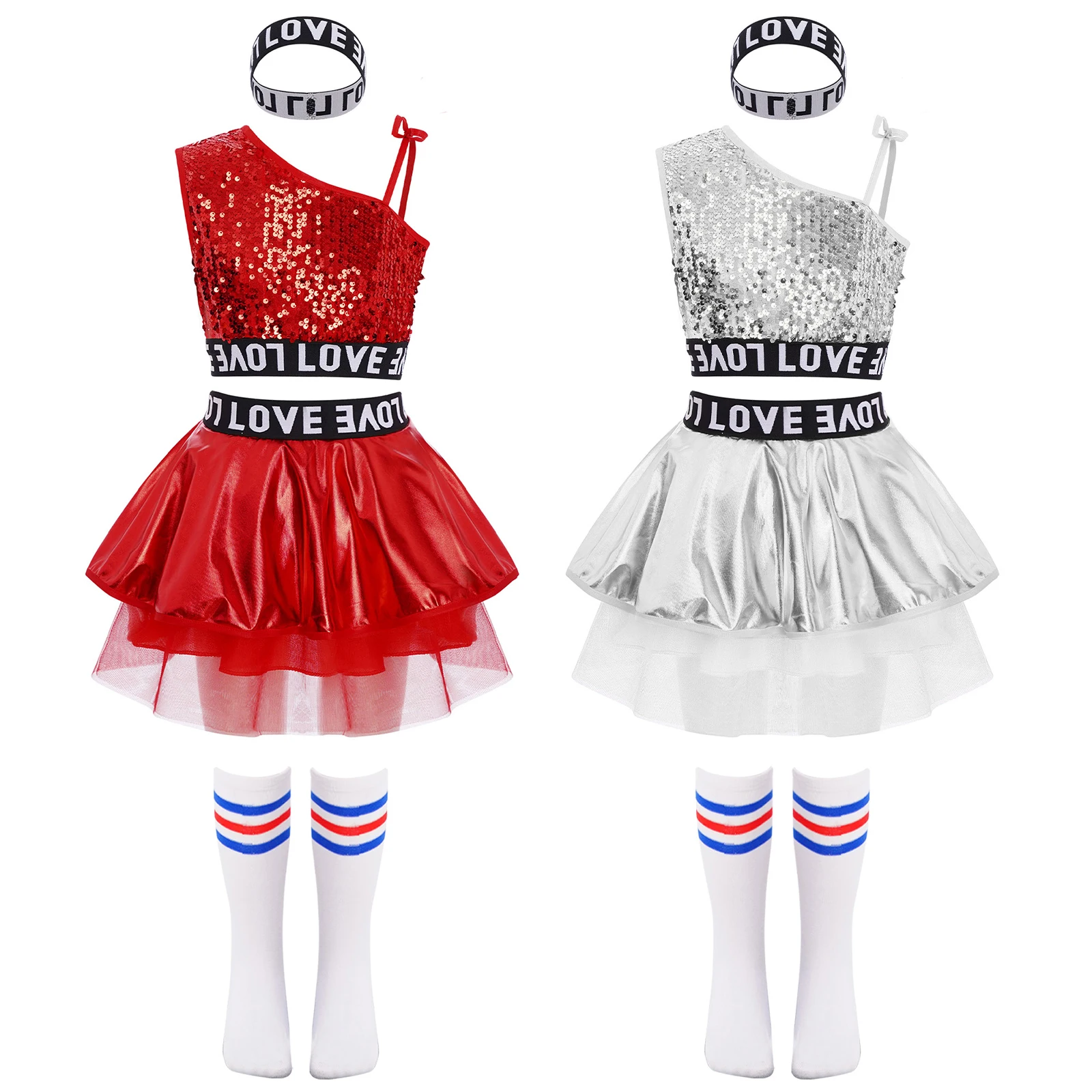 

Kids Girls Hip-Hop Jazz Dance Outfit Sleeveless Sequins Vest Crop Top+ Metallic Tutu Skirt+Letter Printed Hairband+Striped Socks