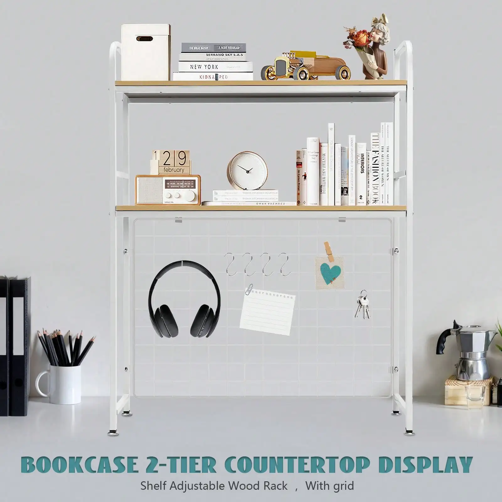 2-Tier Modern Desktop Bookshelf Rectangular Multipurpose Countertop Hutch Storage Organizer Bookcase Desktop White