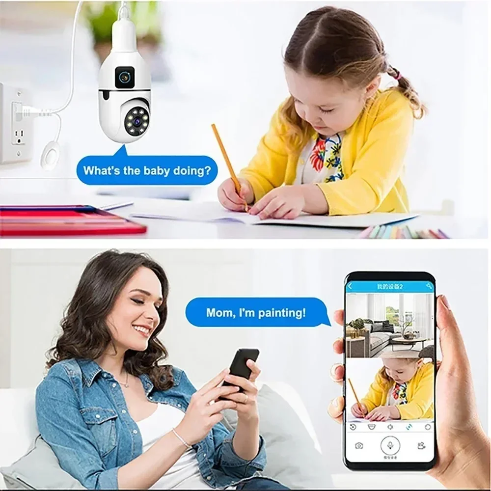 8MP E27 ampoule WIFI caméra sans fil double objectif double écran sécurité couleur Vision nocturne AI suivi humain alarme vocale caméra ip Cam