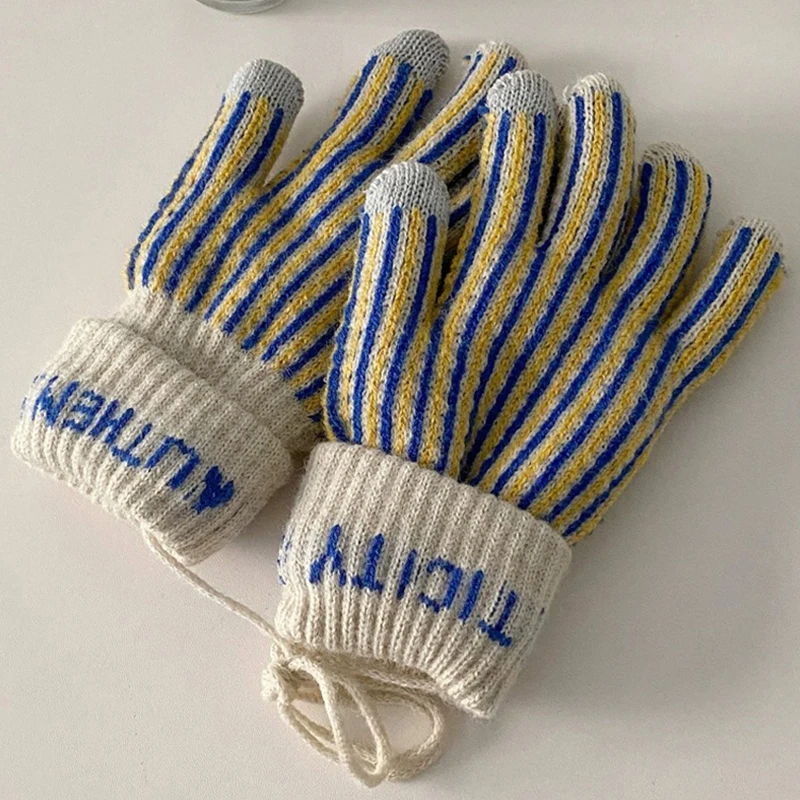 

Retro Blue White Stripe Full Finger Gloves Women Girls Hangable Fluffy Knitted Warm Mittens Touchscreen Driving Glove Plush/Thin