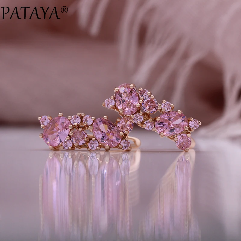 PATAYA New 585 Rose Gold Color Earrings Ring Sets For Women Fashion Pink Natural Zircon Flower Bride Rings Wedding Jewelry Sets