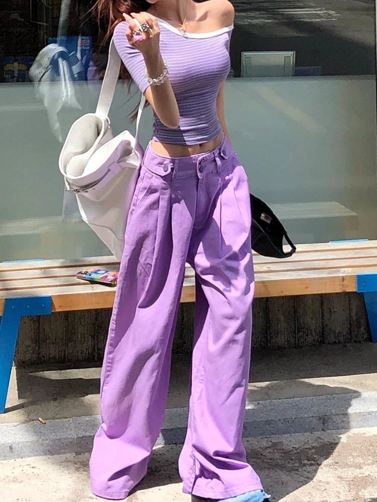

High waisted double button wide leg jeans women summer 2025 Korean style slimming and casual loose straight leg pants