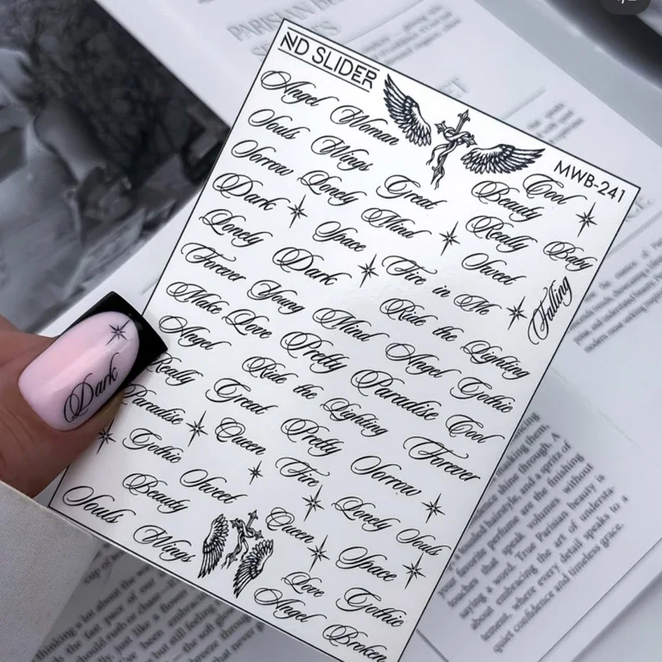 Calcomanías de uñas con letras en blanco y negro, alas de ángel, diseños mixtos holográficos, estilo Y2K, DIY 6