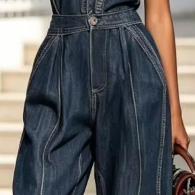 

Sophisticated Jumpsuit Sleeveless Halter V Neck Wide Leg Jeans Pants Romper, High Waist Casual Outfits with Pockets